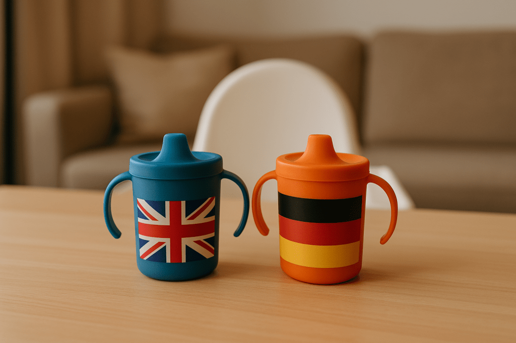 Two toddler cups with UK and German flags on a table in front of a high chair.