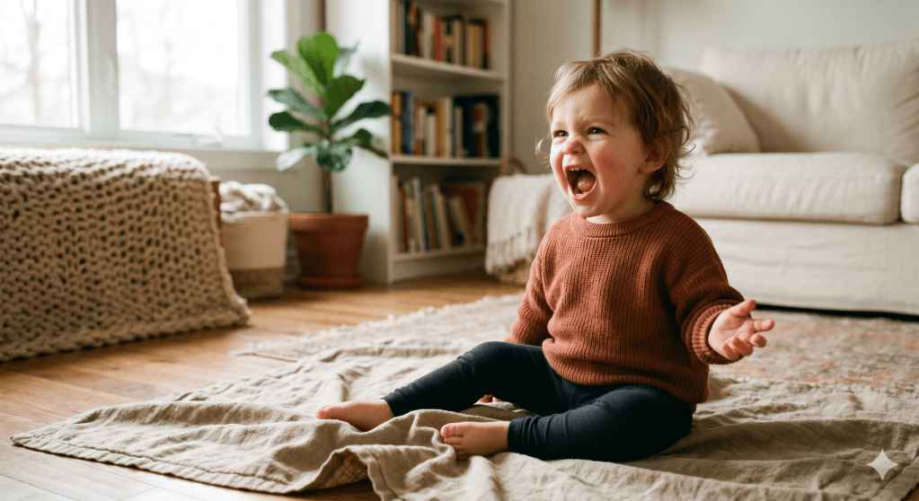 A toddler sitting on the floor mid-babble, mouth wide open with a very opinionated expression, in a warm and cosy home setting